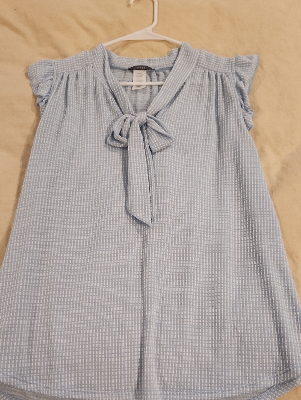 Tie-Neck Ruffle Cap Sleeve Blouse in Light Blue